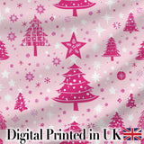 Cute Pink Christmas Trees Snowflakes Stars Seamless Pattern Digital Print Fabric by the Metre UK Sewing Quilting Textile