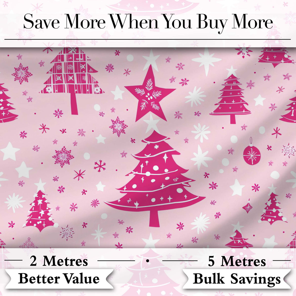 Cute Pink Christmas Trees Snowflakes Stars Seamless Pattern Digital Print Fabric by the Metre UK Sewing Quilting Textile