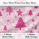 Cute Pink Christmas Trees Snowflakes Stars Seamless Pattern Digital Print Fabric by the Metre UK Sewing Quilting Textile