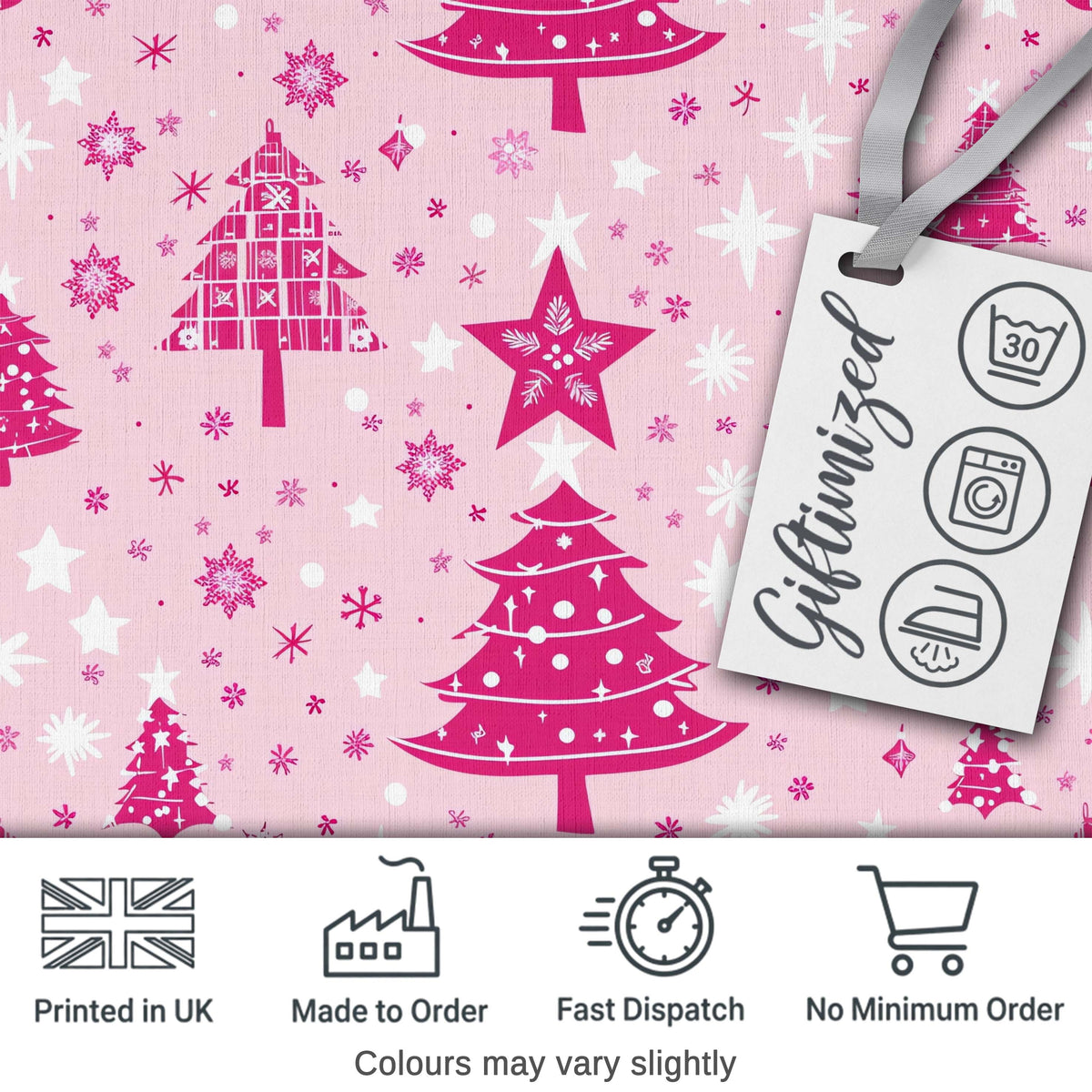 Cute Pink Christmas Trees Snowflakes Stars Seamless Pattern Digital Print Fabric by the Metre UK Sewing Quilting Textile