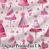 Cute Pink Christmas Party Hats Fun Seamless Pattern Digital Print Fabric by the Metre UK Sewing Quilting Textile