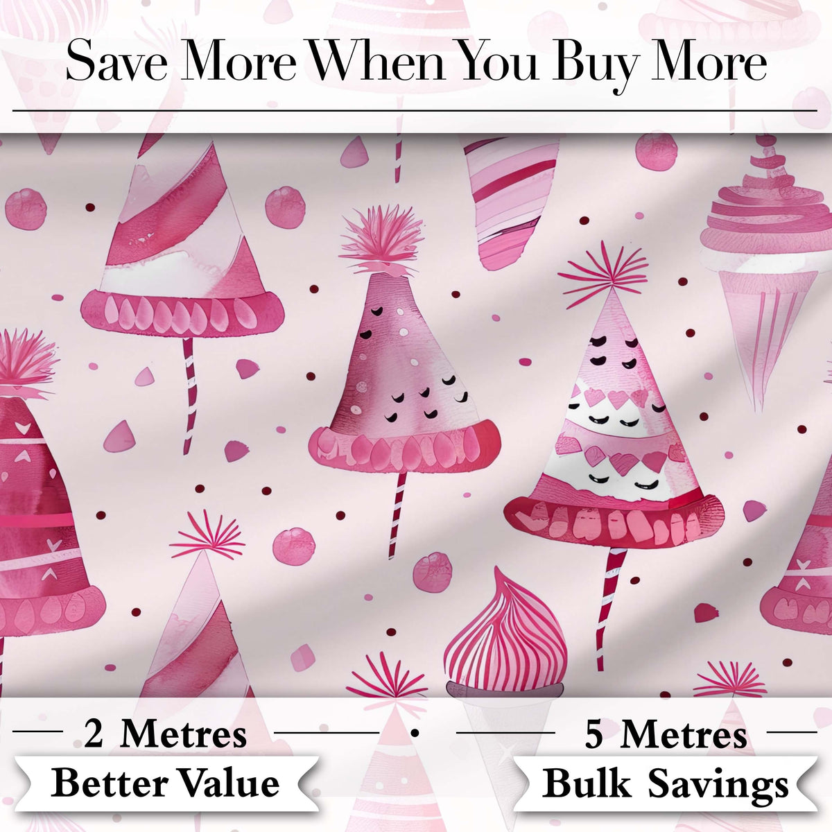 Cute Pink Christmas Party Hats Fun Seamless Pattern Digital Print Fabric by the Metre UK Sewing Quilting Textile