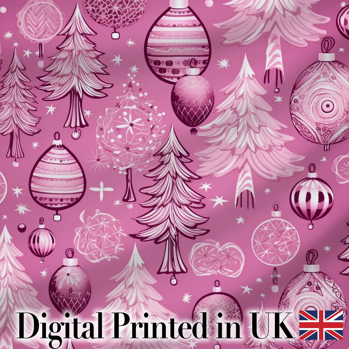 Cute Pink Christmas Trees Ornaments Festive Seamless Pattern Digital Print Fabric by the Metre UK Sewing Quilting Textile