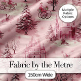 Vintage Pink Winter Village Scenic Seamless Pattern Digital Print Fabric by the Metre UK Sewing Quilting Textile