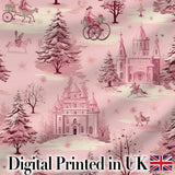 Vintage Pink Winter Village Scenic Seamless Pattern Digital Print Fabric by the Metre UK Sewing Quilting Textile