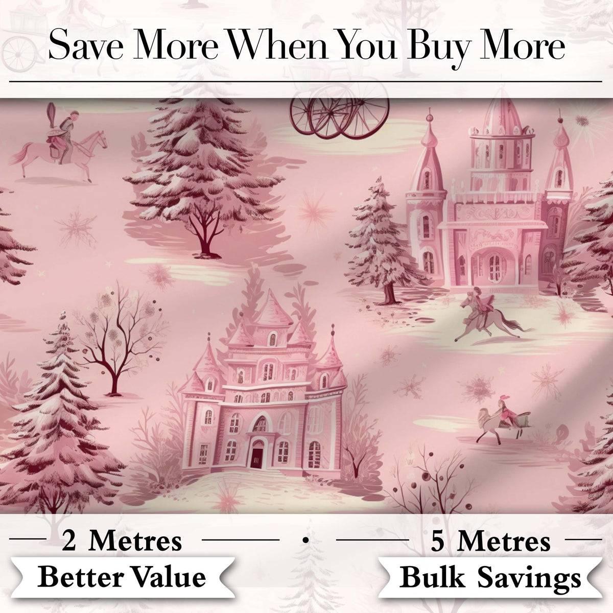 Vintage Pink Winter Village Scenic Seamless Pattern Digital Print Fabric by the Metre UK Sewing Quilting Textile