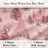 Vintage Pink Winter Village Scenic Seamless Pattern Digital Print Fabric by the Metre UK Sewing Quilting Textile