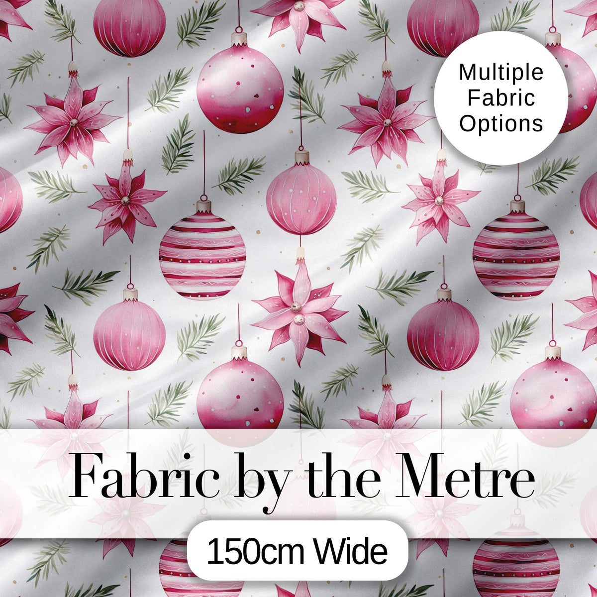 Watercolor Pink Christmas Baubles Poinsettia Floral Seamless Pattern Digital Print Fabric by the Metre UK Sewing Quilting Textile
