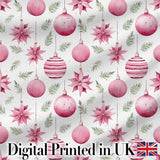 Watercolor Pink Christmas Baubles Poinsettia Floral Seamless Pattern Digital Print Fabric by the Metre UK Sewing Quilting Textile