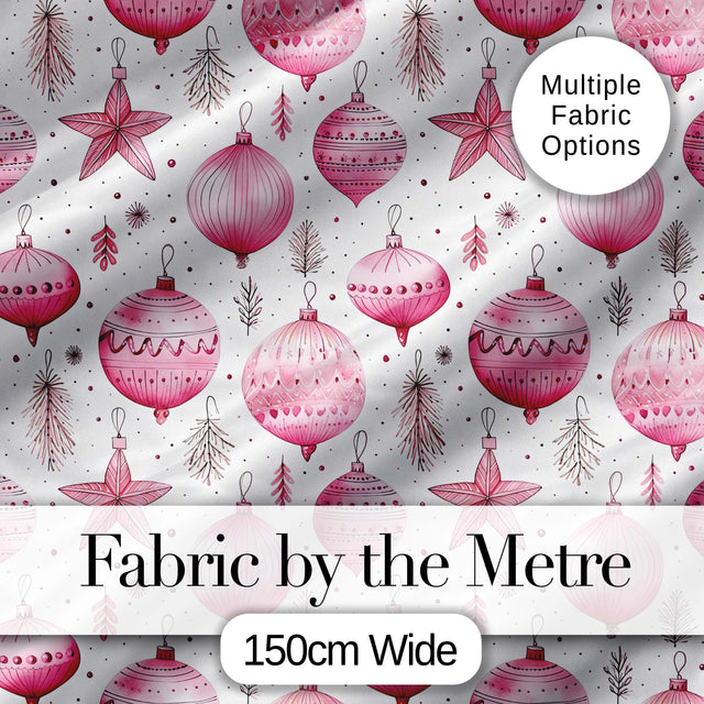 Elegant Pink Christmas Baubles Stars Hanging Decor Seamless Pattern Digital Print Fabric by the Metre UK Sewing Quilting Textile