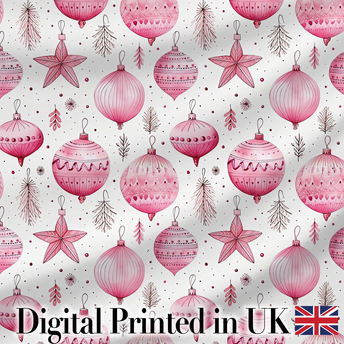 Elegant Pink Christmas Baubles Stars Hanging Decor Seamless Pattern Digital Print Fabric by the Metre UK Sewing Quilting Textile