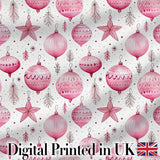 Elegant Pink Christmas Baubles Stars Hanging Decor Seamless Pattern Digital Print Fabric by the Metre UK Sewing Quilting Textile