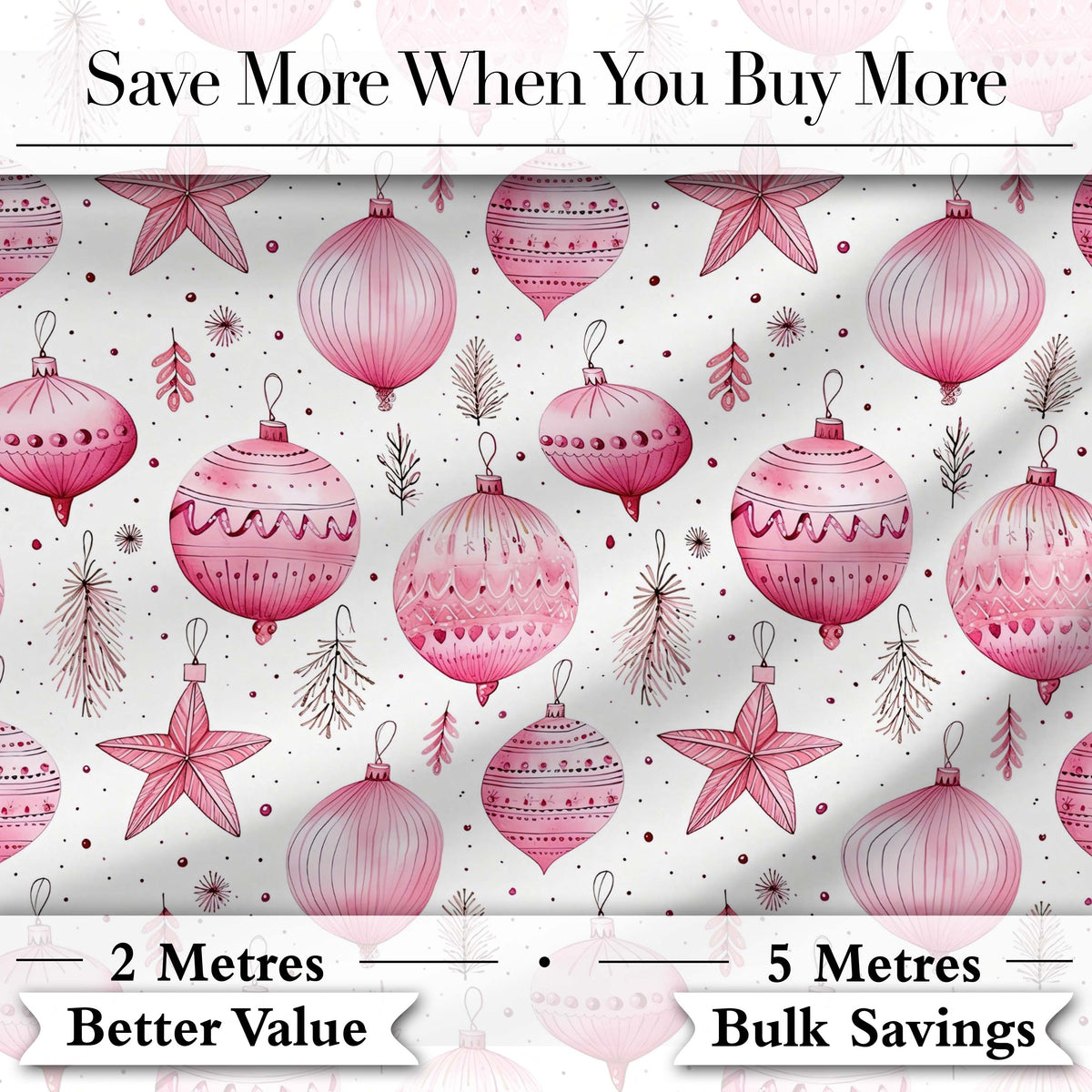 Elegant Pink Christmas Baubles Stars Hanging Decor Seamless Pattern Digital Print Fabric by the Metre UK Sewing Quilting Textile