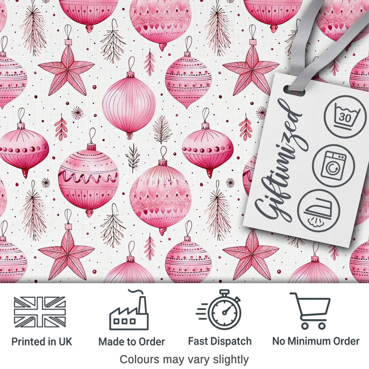 Elegant Pink Christmas Baubles Stars Hanging Decor Seamless Pattern Digital Print Fabric by the Metre UK Sewing Quilting Textile