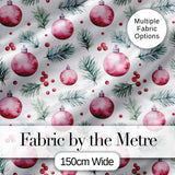 Watercolor Pink Baubles Pine Branches Berry Christmas Seamless Pattern Digital Print Fabric by the Metre UK Sewing Quilting Textile