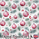 Watercolor Pink Baubles Pine Branches Berry Christmas Seamless Pattern Digital Print Fabric by the Metre UK Sewing Quilting Textile