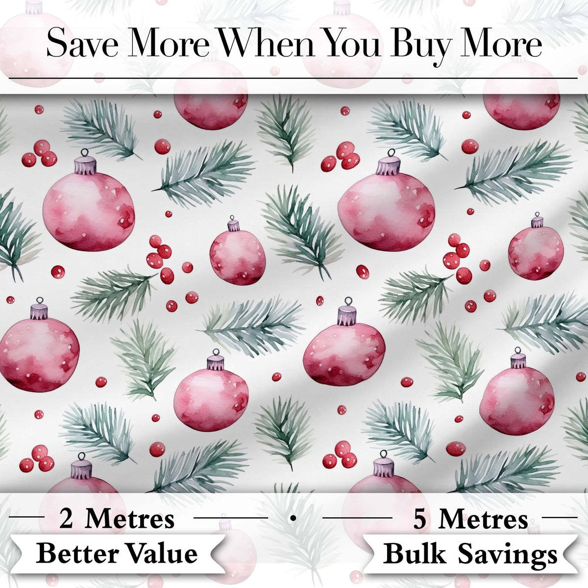 Watercolor Pink Baubles Pine Branches Berry Christmas Seamless Pattern Digital Print Fabric by the Metre UK Sewing Quilting Textile