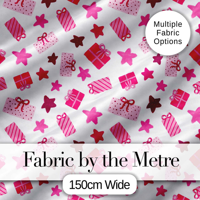 Cute Pink Gift Boxes Stars Festive Christmas Seamless Pattern Digital Print Fabric by the Metre UK Sewing Quilting Textile