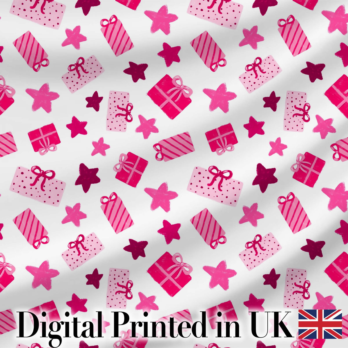 Cute Pink Gift Boxes Stars Festive Christmas Seamless Pattern Digital Print Fabric by the Metre UK Sewing Quilting Textile