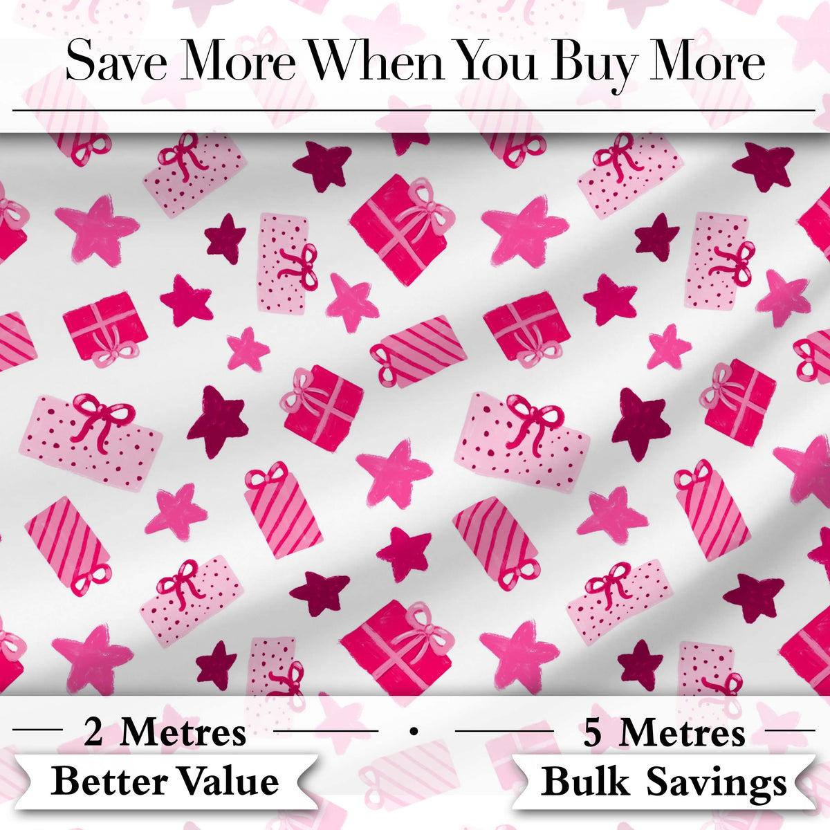 Cute Pink Gift Boxes Stars Festive Christmas Seamless Pattern Digital Print Fabric by the Metre UK Sewing Quilting Textile