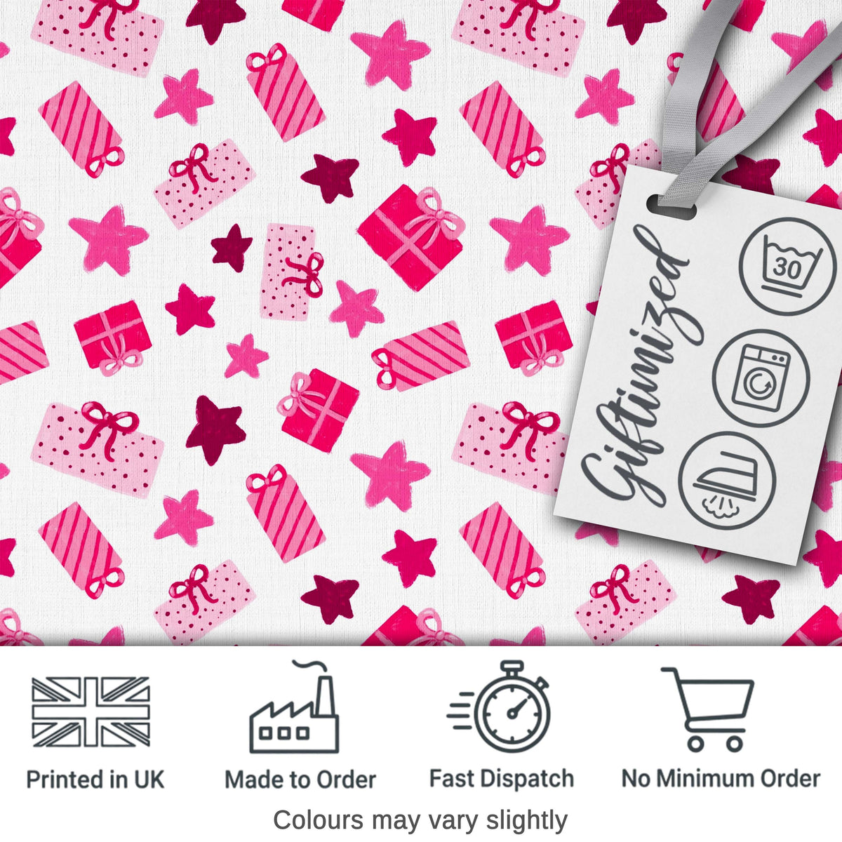 Cute Pink Gift Boxes Stars Festive Christmas Seamless Pattern Digital Print Fabric by the Metre UK Sewing Quilting Textile