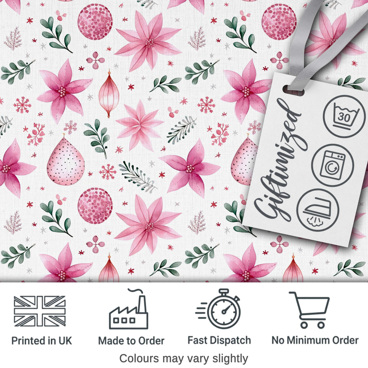 Soft Pink Floral Christmas Elements Ornaments Seamless Pattern Digital Print Fabric by the Metre UK Sewing Quilting Textile