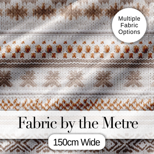 Neutral Beige Knitted Nordic Winter Fair Isle Seamless Pattern Digital Print Fabric by the Metre UK Sewing Quilting Textile