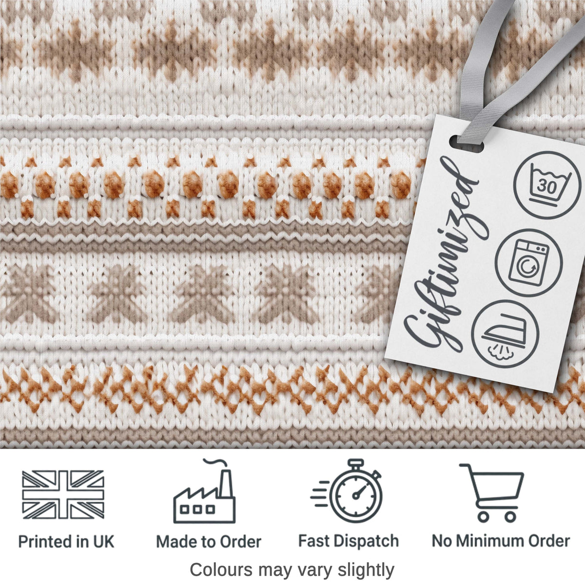 Neutral Beige Knitted Nordic Winter Fair Isle Seamless Pattern Digital Print Fabric by the Metre UK Sewing Quilting Textile