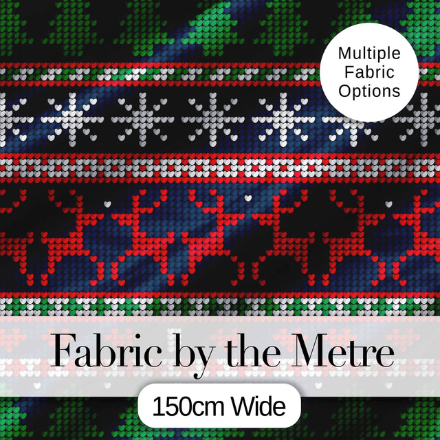 Blue Red Christmas Reindeer Snowflake Knit Seamless Pattern Digital Print Fabric by the Metre UK Sewing Quilting Textile