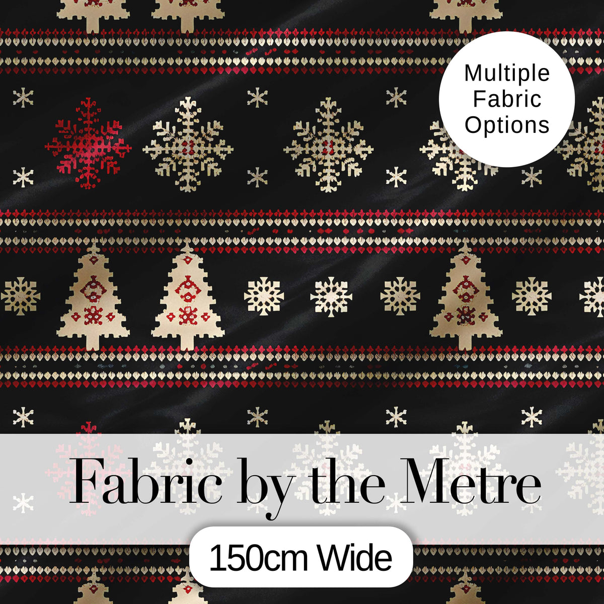 Black Red Nordic Christmas Tree Snowflake Knit Seamless Pattern Digital Print Fabric by the Metre UK Sewing Quilting Textile