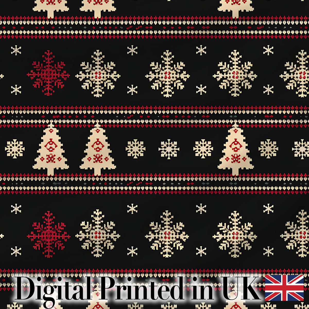 Black Red Nordic Christmas Tree Snowflake Knit Seamless Pattern Digital Print Fabric by the Metre UK Sewing Quilting Textile