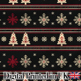 Black Red Nordic Christmas Tree Snowflake Knit Seamless Pattern Digital Print Fabric by the Metre UK Sewing Quilting Textile