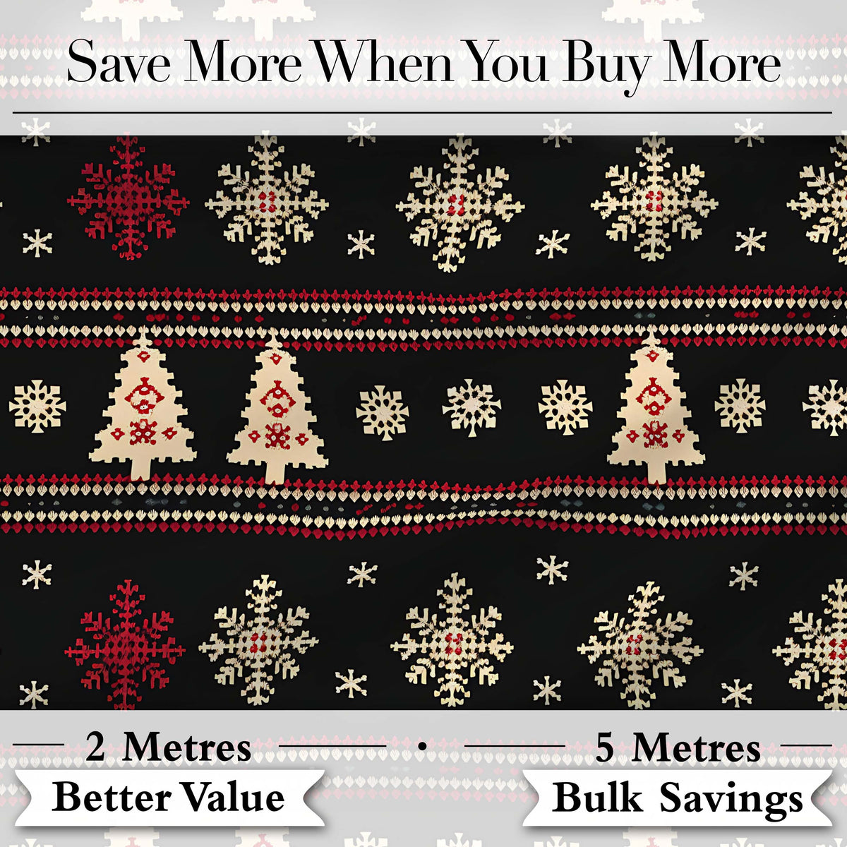 Black Red Nordic Christmas Tree Snowflake Knit Seamless Pattern Digital Print Fabric by the Metre UK Sewing Quilting Textile