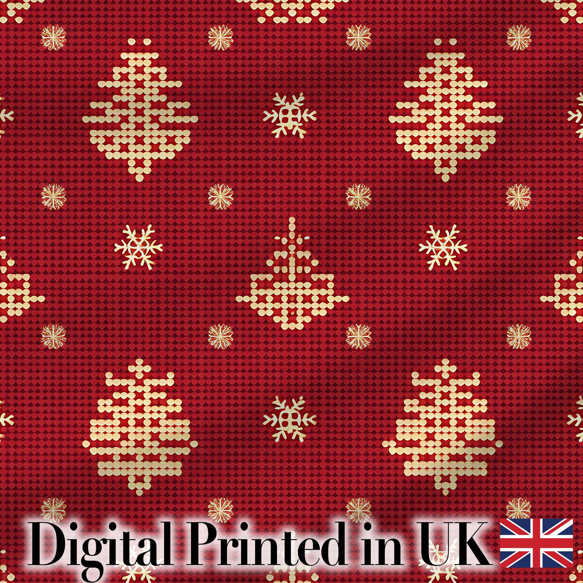 Festive Red Gold Christmas Tree Snowflake Knit Seamless Pattern Digital Print Fabric by the Metre UK Sewing Quilting Textile