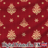 Festive Red Gold Christmas Tree Snowflake Knit Seamless Pattern Digital Print Fabric by the Metre UK Sewing Quilting Textile