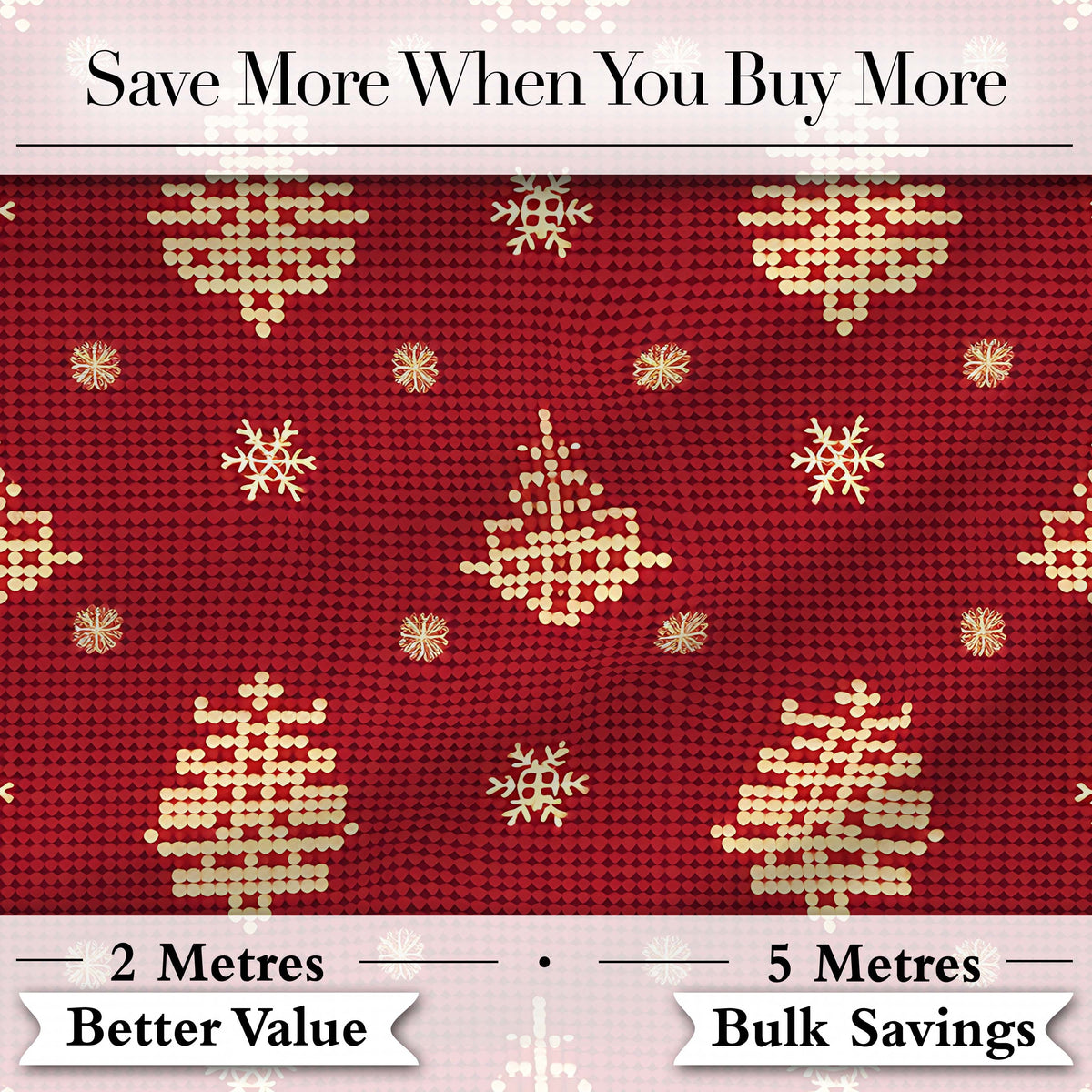 Festive Red Gold Christmas Tree Snowflake Knit Seamless Pattern Digital Print Fabric by the Metre UK Sewing Quilting Textile