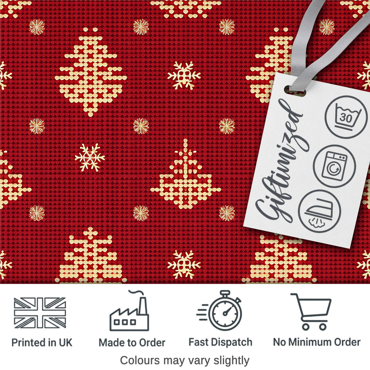 Festive Red Gold Christmas Tree Snowflake Knit Seamless Pattern Digital Print Fabric by the Metre UK Sewing Quilting Textile