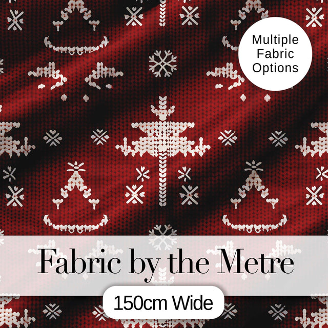 Red Nordic Snowflake Reindeer Knitted Seamless Pattern Digital Print Fabric by the Metre UK Sewing Quilting Textile