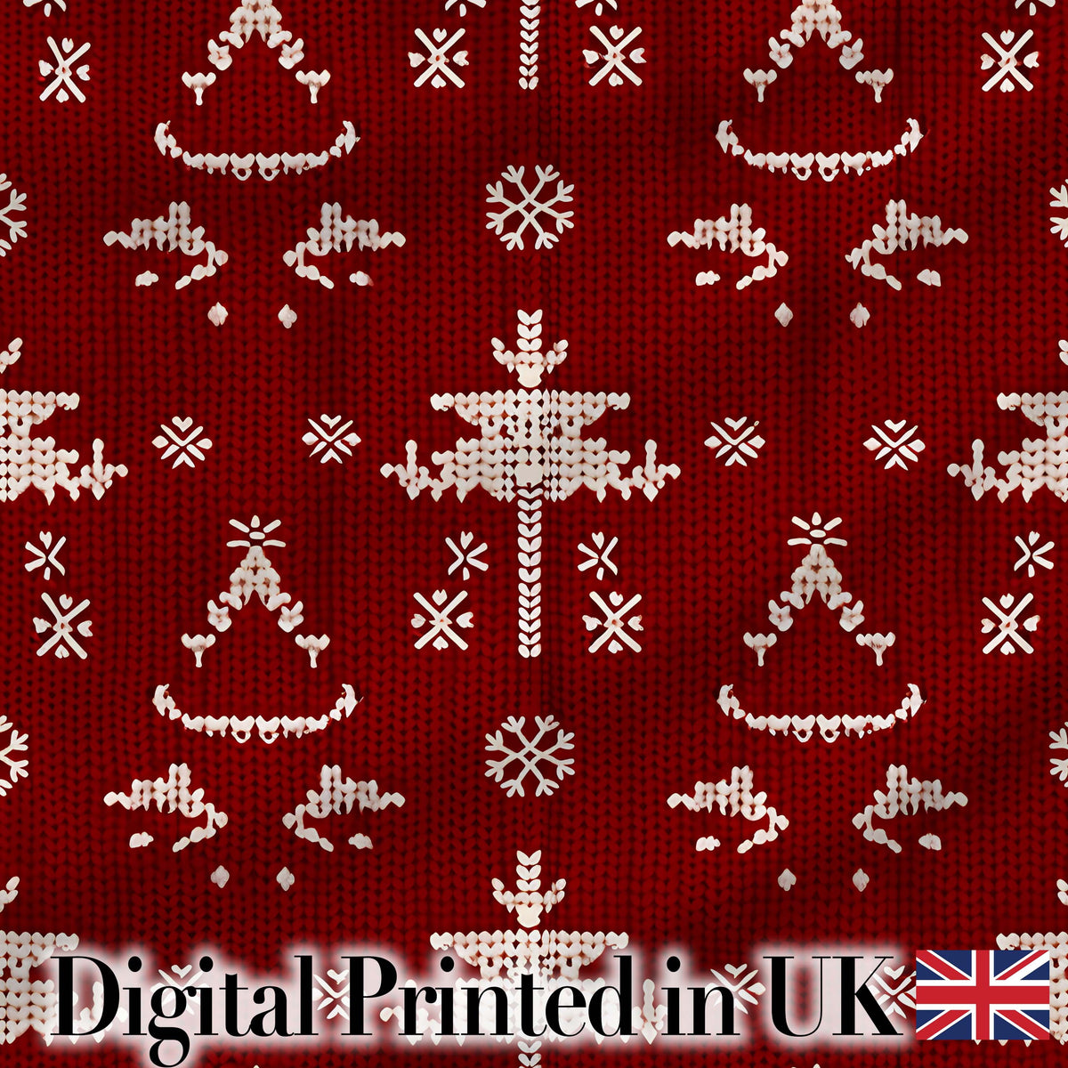 Red Nordic Snowflake Reindeer Knitted Seamless Pattern Digital Print Fabric by the Metre UK Sewing Quilting Textile