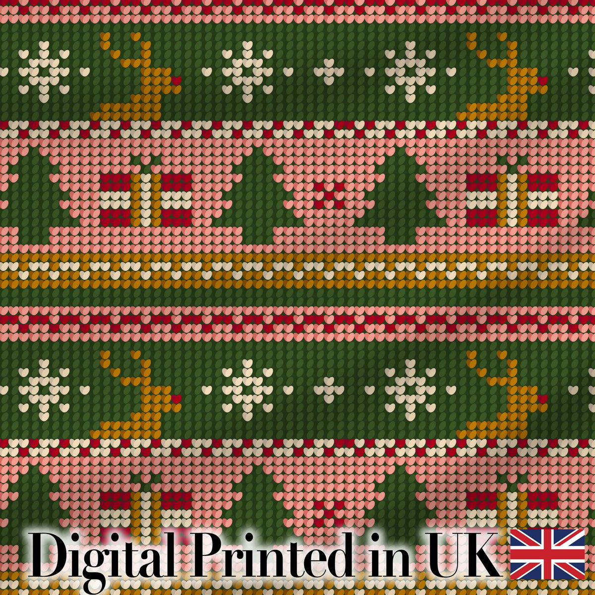 Cute Reindeer Gift Box Nordic Knit Seamless Pattern Digital Print Fabric by the Metre UK Sewing Quilting Textile
