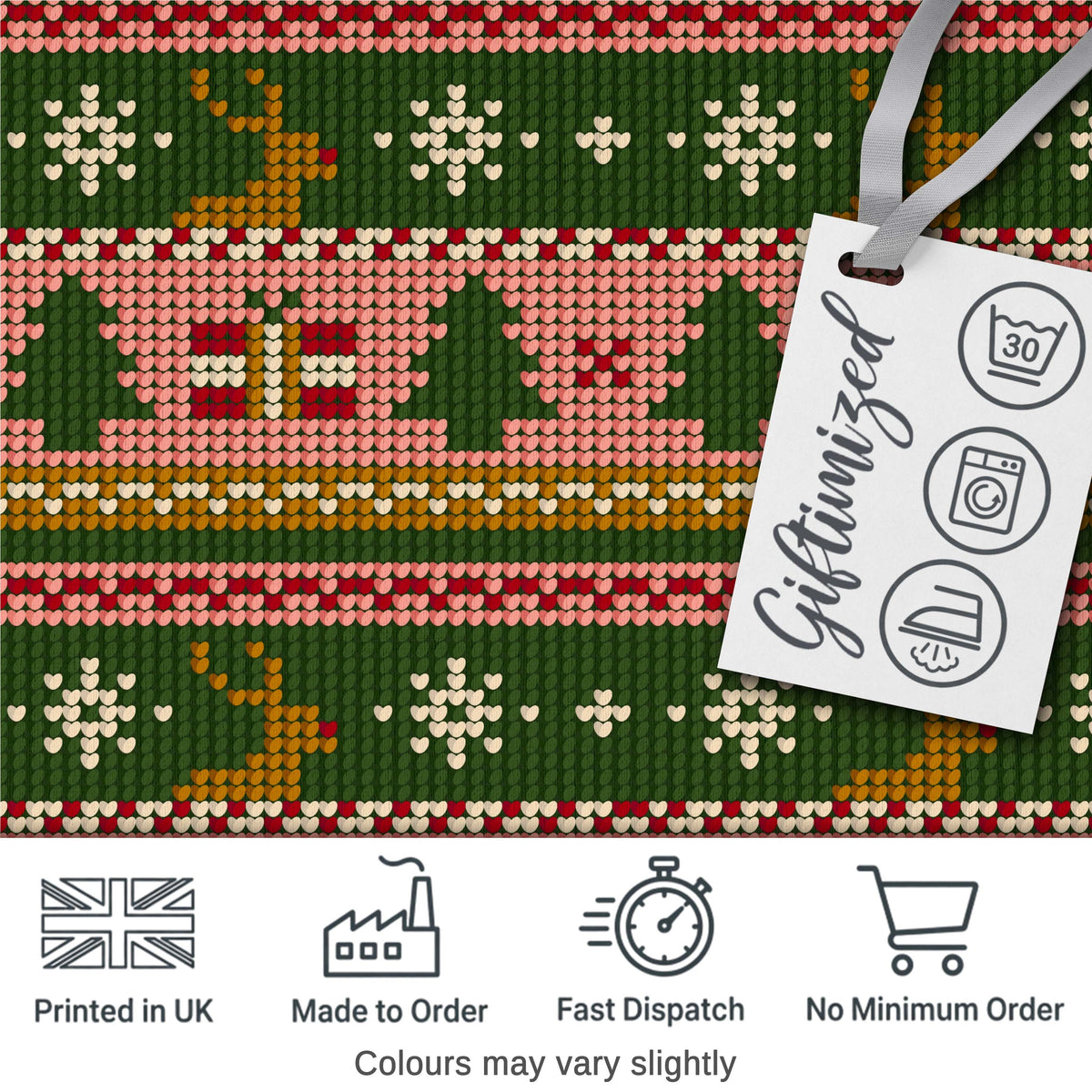 Cute Reindeer Gift Box Nordic Knit Seamless Pattern Digital Print Fabric by the Metre UK Sewing Quilting Textile