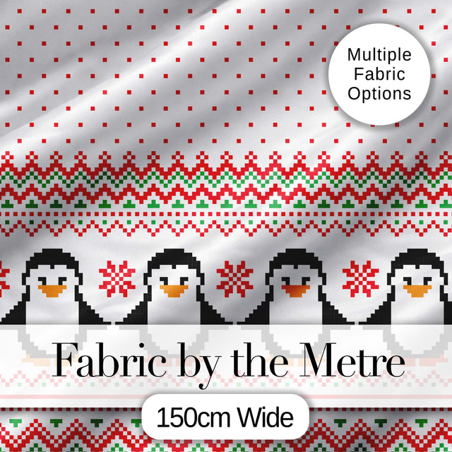 White Red Green Nordic Penguin Snowflake Knit Seamless Pattern Digital Print Fabric by the Metre UK Sewing Quilting Textile