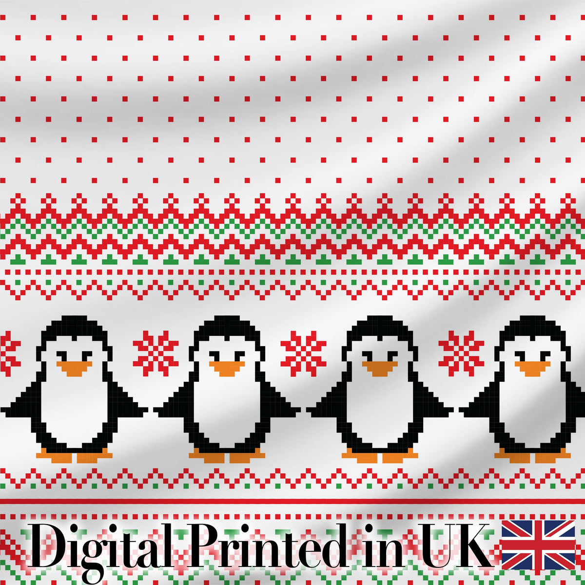 White Red Green Nordic Penguin Snowflake Knit Seamless Pattern Digital Print Fabric by the Metre UK Sewing Quilting Textile