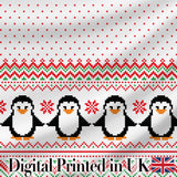 White Red Green Nordic Penguin Snowflake Knit Seamless Pattern Digital Print Fabric by the Metre UK Sewing Quilting Textile