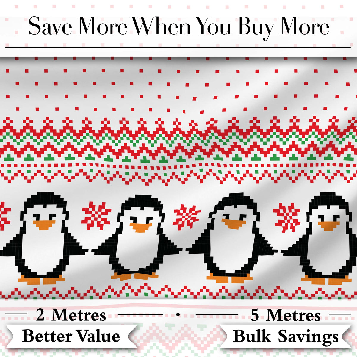 White Red Green Nordic Penguin Snowflake Knit Seamless Pattern Digital Print Fabric by the Metre UK Sewing Quilting Textile