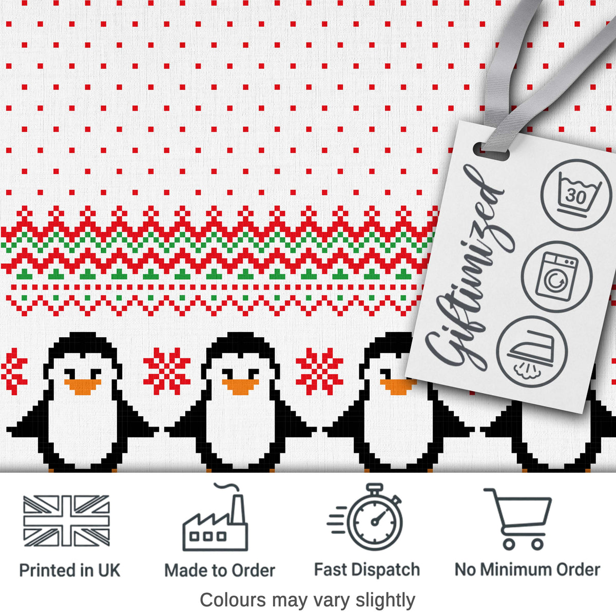 White Red Green Nordic Penguin Snowflake Knit Seamless Pattern Digital Print Fabric by the Metre UK Sewing Quilting Textile