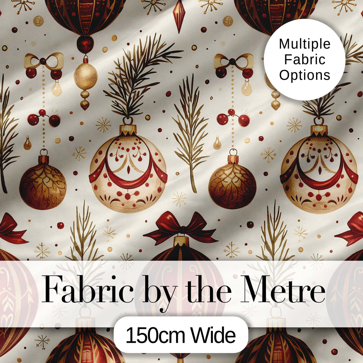 Elegant Red Gold Christmas Baubles Pine Branch Seamless Pattern Digital Print Fabric by the Metre UK Sewing Quilting Textile