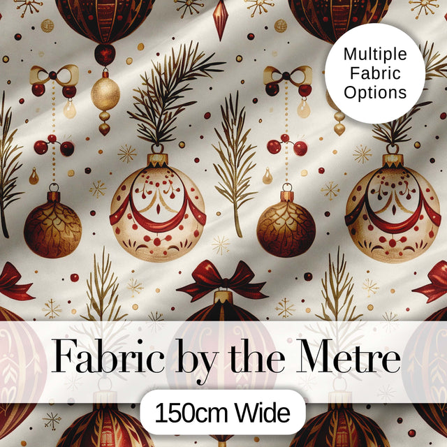 Elegant Red Gold Christmas Baubles Pine Branch Seamless Pattern Digital Print Fabric by the Metre UK Sewing Quilting Textile