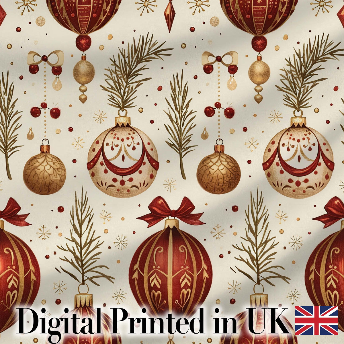 Elegant Red Gold Christmas Baubles Pine Branch Seamless Pattern Digital Print Fabric by the Metre UK Sewing Quilting Textile