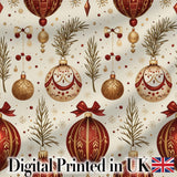 Elegant Red Gold Christmas Baubles Pine Branch Seamless Pattern Digital Print Fabric by the Metre UK Sewing Quilting Textile